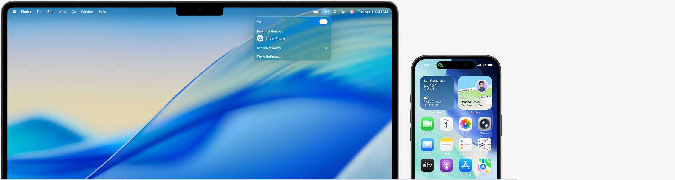 14" MacBook Pro, Kontrollzentrum in der Menüleiste ge?ffnet, Verbindung zum pers?nlichen Hotspot ?Erics iPhone“, iPhone 16 mit grünem Indikator für pers?nlichen Hotspot oben links auf dem Bildschirm