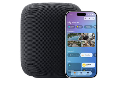 Ein mitternachtsblauer HomePod mit iPhone, das die Benutzeroberfl?che ?Mein Zuhause? in der Home-App anzeigt