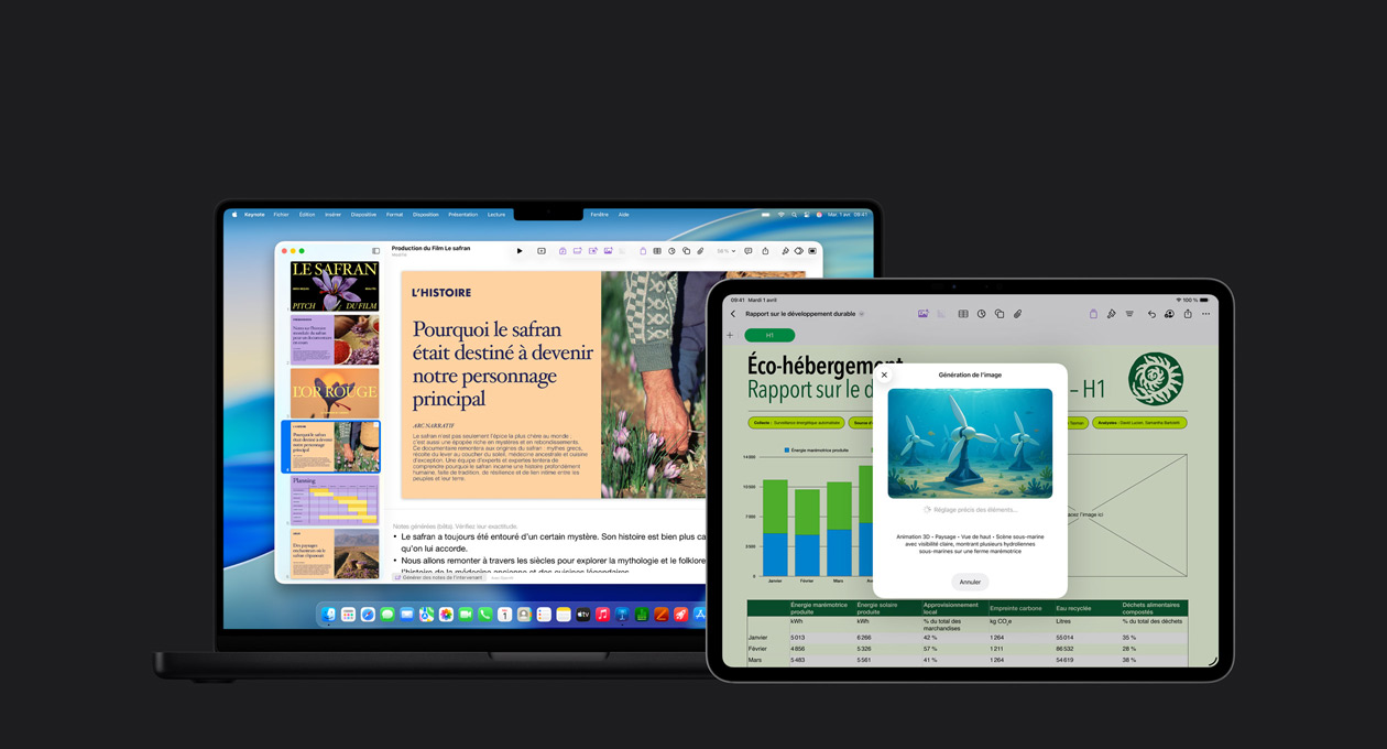 écran de l’iPad Pro 13 affichant une diapositive de rapport avec un graphique, un tableau et des éléments visuels, écran du MacBook Pro 16 montrant une présentation Keynote avec plusieurs diapositives à gauche et des notes de présentation générées en bas
