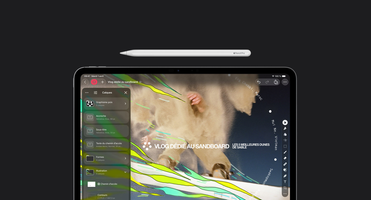 Apple Pencil posé sur l’iPad Pro 13, l’écran affiche la bo?te à outils des calques de Pixelmator Pro, la bo?te à outils de design graphique et un fichier de vlog sur le sandboard