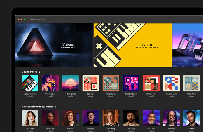 écran d’un MacBook Pro 16, bibliothèque de sons de Logic Pro, pack Synths Session Player, pack Visions Alchemy, pack Drum and Bass Dancefloor Rush, rangée de packs de sons, rangée de packs d’artistes et de producteurs et productrices, rangée de packs d’instruments