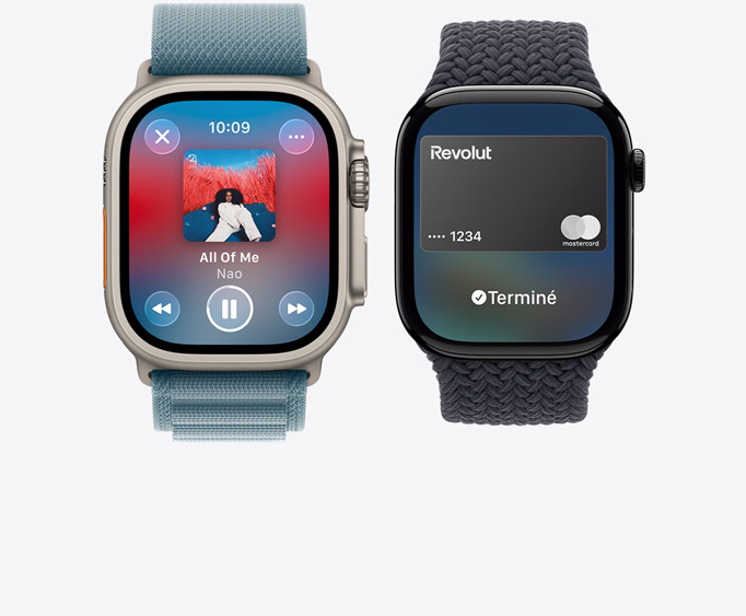 Apple Watch Ultra 3, bo?tier en titane, finition naturelle, app Apple Music, écran à l’écoute, Apple Watch Series 11, bo?tier en aluminium, finition noir de jais poli, écran Apple Pay, Apple Card