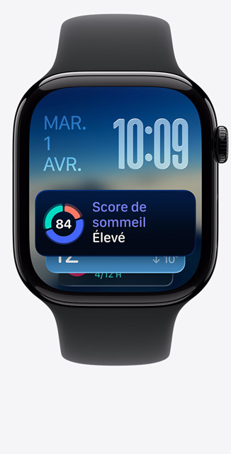 Apple Watch Series 11, bo?tier en aluminium, finition noir de jais poli, Défilement intelligent, alerte de score de sommeil, c?té droit, Digital Crown, Bracelet Sport noir