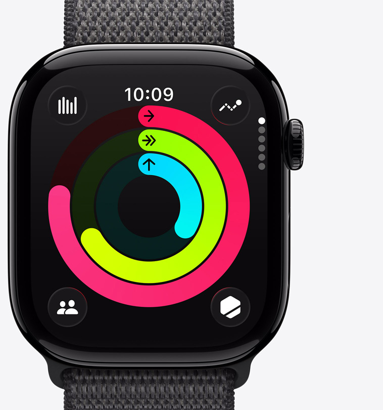 Apple Watch Series 11, bo?tier en aluminium, finition noir de jais poli, anneaux Activité : bouger, m’entra?ner, me lever, Digital Crown, bracelet, Boucle Sport gris foncé