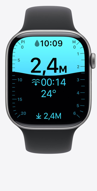 Apple Watch Series 11, bo?tier en aluminium, finition gris sidéral, écran de l’app Profondeur, plongée à 2,40 mètres