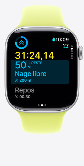 Apple Watch Series 11, bo?tier en aluminium, argent, écran Exercice personnalisé avec suivi de Nage en piscine, données sur l’écran, Bracelet Sport, jaune fluo