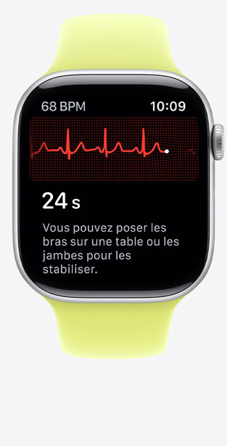 Apple Watch Series 11, bo?tier en aluminium, finition argent, app ECG, battements par minute en haut à gauche, tracé centré et compte à rebours, Bracelet Sport, jaune fluo