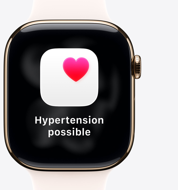 Apple Watch Series 11, bo?tier en titane, finition or poli, notification d’hypertension possible, c?ur rose dans un carré blanc, c?té droit, Digital Crown, Bracelet Sport rose tendre