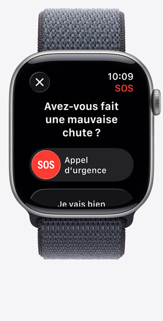 Apple Watch Series 11, bo?tier en aluminium, finition gris sidéral, notification de mauvaise chute, option d’appel d’urgence, Boucle Sport, couleur bleu maritime