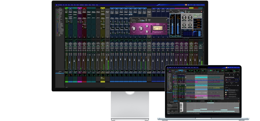 Η οθ?νη Studio Display και ?να Mac laptop που δε?χνουν μια συνεδρ?α Pro Tools με ενσωμ?τωση Splice, το γυαλ? με τεχνολογ?α nano-texture βοηθ? στη με?ωση τη? ανταν?κλαση? στη σκο?ρα οθ?νη του προγρ?μματο?