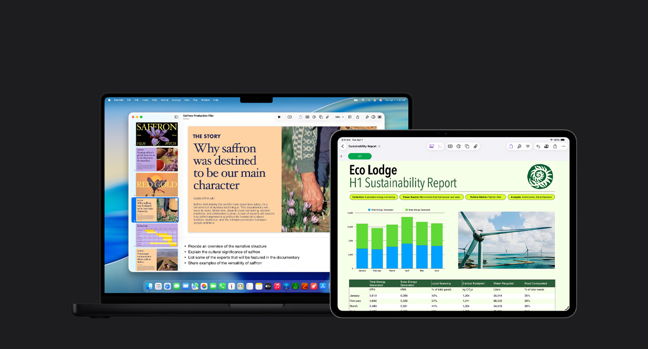 13 吋 iPad Pro 螢?zāi)伙@示幻燈片上的報(bào)告，上面有圖表、表格和圖形；16 吋 MacBook Pro 螢?zāi)伙@示 Keynote 簡(jiǎn)報(bào)，左側(cè)為多張幻燈片，底部為生成的演講者筆記。