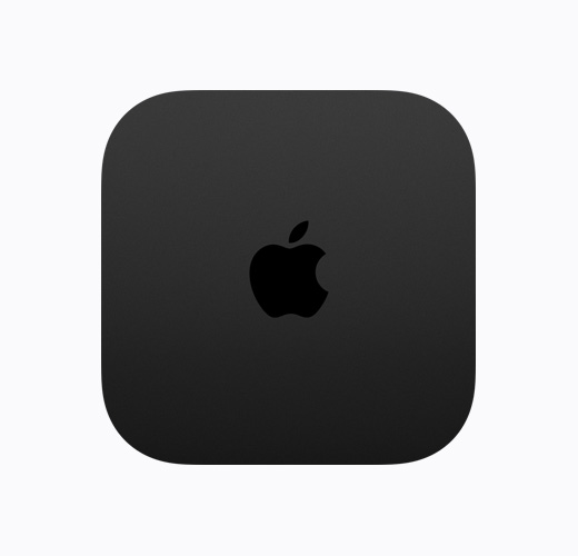 黑色 Apple TV 4K 機(jī)身俯視圖，呈現(xiàn)黑色光面 Apple TV 標(biāo)誌