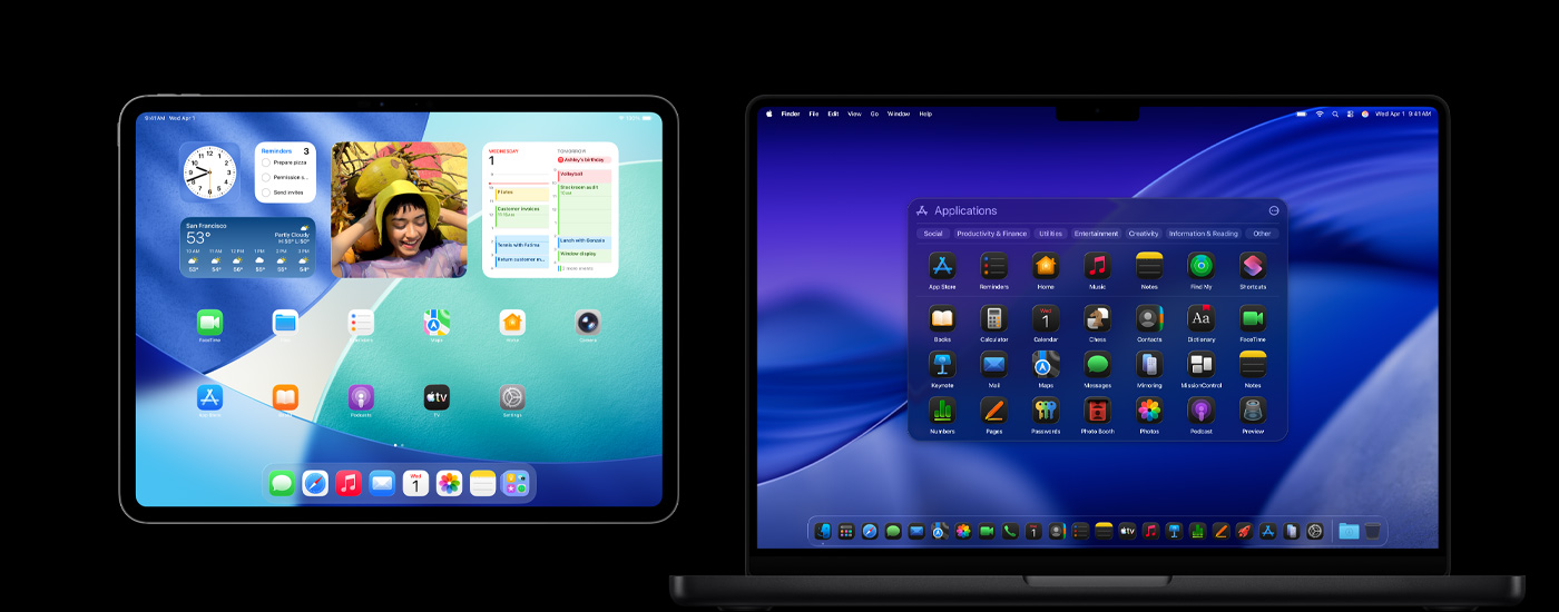 iPad 和 Mac 上顯示各式 app 圖像，iPad 上展示日曆、天氣和相片等各種小工具。Mac 的背景是 macOS Tahoe。