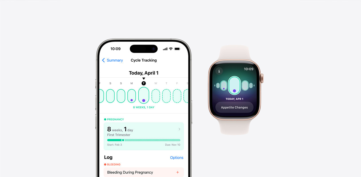 iPhone 和 Apple Watch 上展示經(jīng)期追蹤軟件。