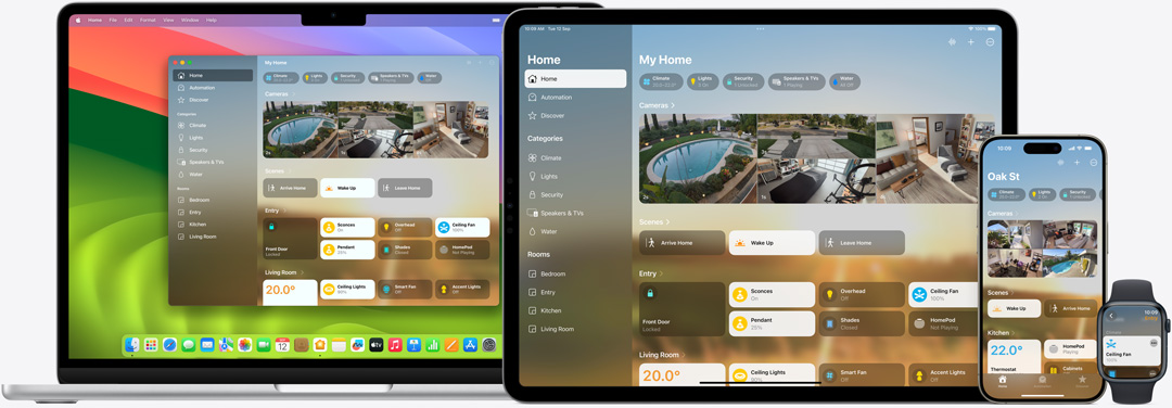 家居 app 用戶介面顯示在 Mac、iPad、iPhone 及 Apple Watch 上。