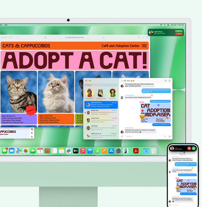 綠色 iMac 和 iPhone 並排展示，iMac 螢?zāi)伙@示 iPhone 的來電通知。兩部裝置顯示訊息 app 中相同的文字對(duì)話內(nèi)容