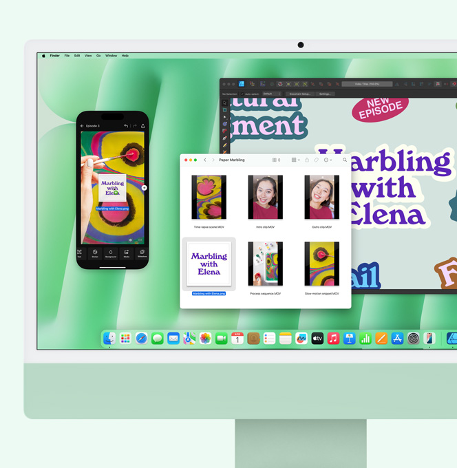 綠色 iMac，顯示正在使用的 iPhone 鏡像輸出功能。將 iMac 的檔案拖移至鏡像輸出的 iPhone 螢?zāi)簧?>
												</picture>
												
											</div>
											<div   id=