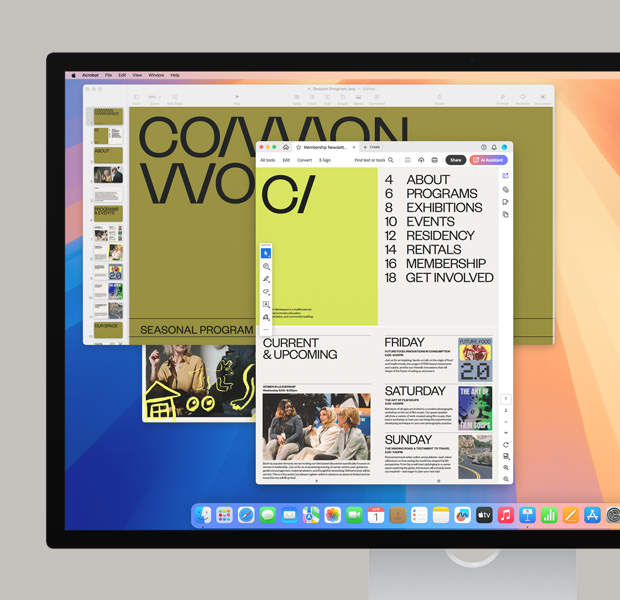色彩繽紛的螢?zāi)划嬅?，顯示 Dock 上不同種類的 app、Safari，以及操作中的 Adobe Acrobat。