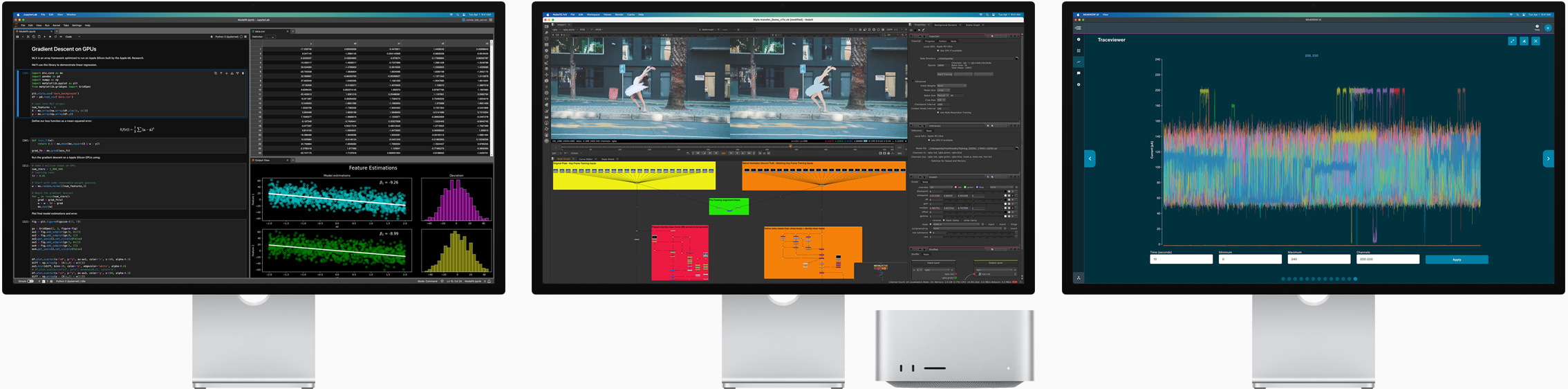 Mac Studio 和三部 Studio Display，三個(gè)螢?zāi)簧巷@示不同的 macOS app
