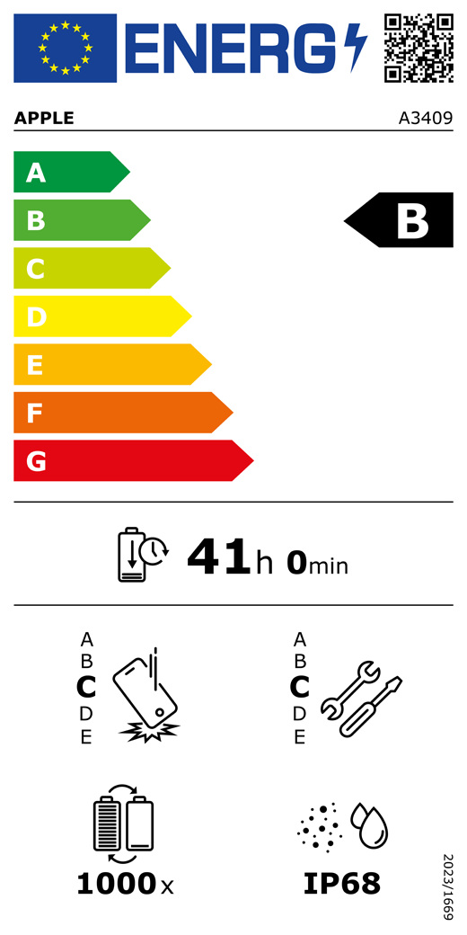 EU oznaka energetske u?inkovitosti – QR k?d i informacije, Apple model A3409, razred B, razredi energetske u?inkovitosti (sa skalom od A do G), A (naju?inkovitiji) do G (najmanje u?inkovit), izdr?ljivost baterije po ciklusu, 41 sat i 0 minuta po punom punjenju baterije, klasa pouzdanosti pri ponovljenim slobodnim padovima C, A (najizdr?ljiviji) do E (najmanje izdr?ljiv), klasa popravljivosti C, A (najlak?e popravljivo) do E (najte?e popravljivo), 1000 ciklusa izdr?ljivosti baterije, za?tita od pra?ine i vode (IP) ocjena IP68, uredba 2023/1669