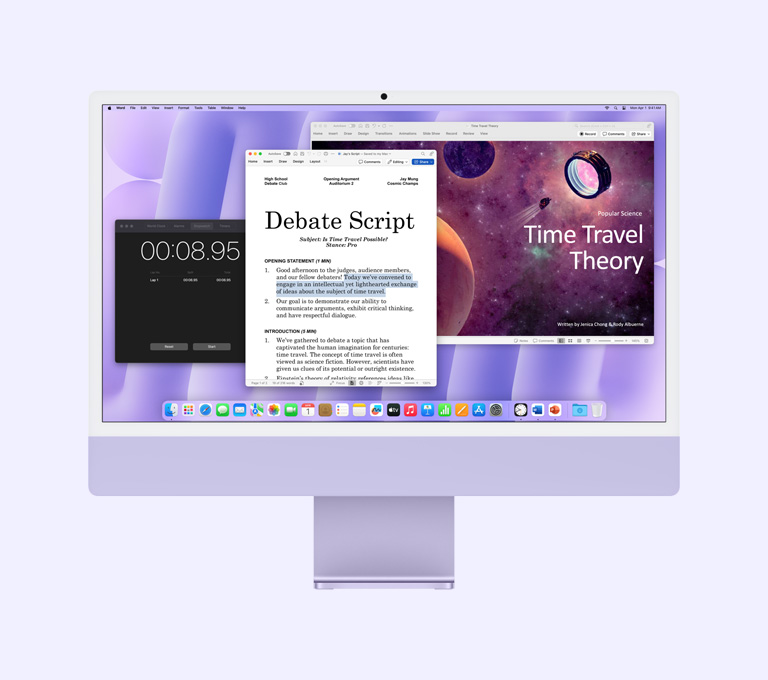 Ljubi?asti iMac: na zaslonu se prikazuju aplikacije Microsoft Word, Microsoft PowerPoint i Sat