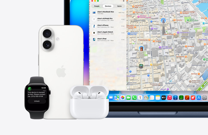 Prikaz Apple Watcha na ?ijem zaslonu se prikazuje tekst: ?Ovaj ure?aj ozna?en je kao izgubljen. Molim, stupite u kontakt sa mnom.” Naveden je i telefonski broj. Pokraj sata nalaze se iPhone, slu?alice AirPods Pro i MacBook Neo u indigo boji. Na zaslonu ra?unala otvorena je aplikacija Pronala?enje s kartom i popisom ure?aja te pripadaju?im lokacijama