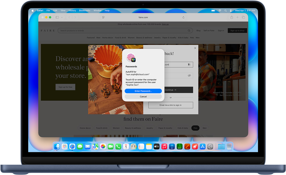 Prikaz MacBooka Neo u indigo boji sa zaslonom na kojem Safari tra?i od korisnika da se na internetsku stranicu pod nazivom Community Care Clinic prijavi koriste?i Touch ID ili lozinku