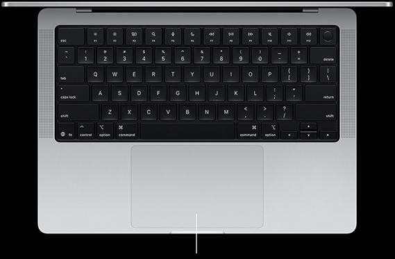 Pogled odozgo na otvoreni 14-in?ni MacBook Pro s prikazom Force Touch trackpada, smje?tenog ispod tipkovnice