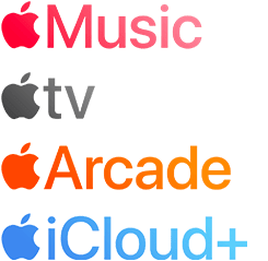 El?fizetéses Apple-szolgáltatások logói, k?ztük az Apple Music, Apple TV, Apple Arcade és iCloud+
