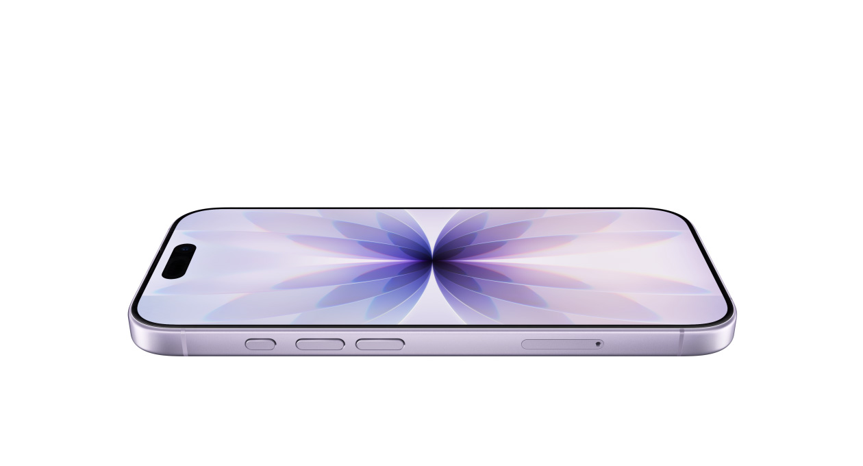 iPhone 17 Ceramic Shield el?-lappal, Levendulaszín?  oldalnézetb?l, M?velet gomb és a hanger?gombok,és Dynamic Islanddel a készülékek fels? részén k?zépen