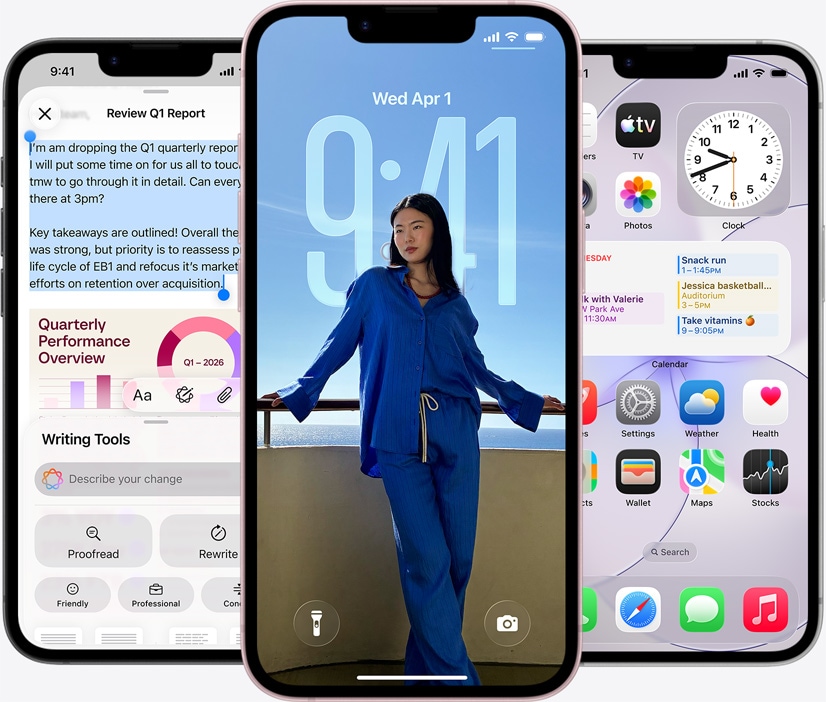 Három iPhone 17e el?lnézetb?l, egy képerny?fotón az íráseszk?z?k van használatban, a zárolási képerny?n egy személy fotója jelenik meg, az üzenetek appban pedig m?holdas kapcsolaton keresztül küldenek üzeneteket