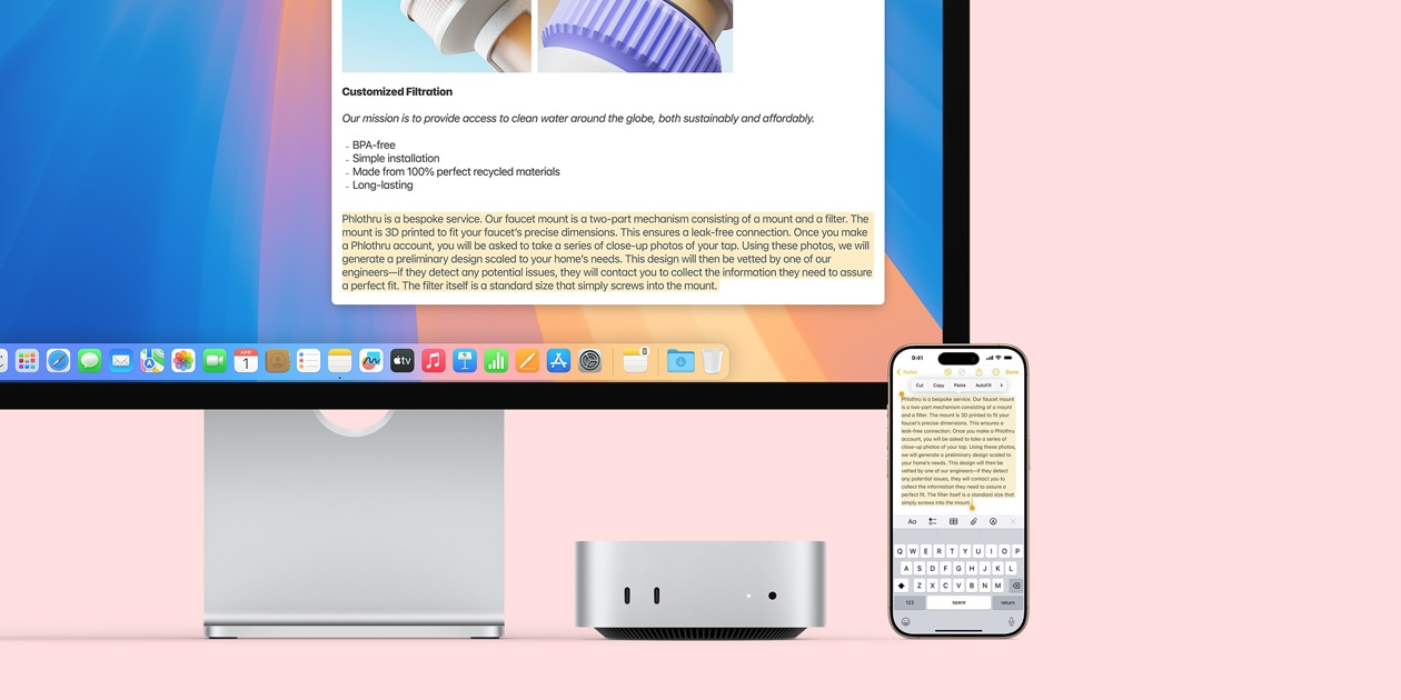 Mac monitor, ezüstszín? Mac mini és iPhone egymás mellett; a monitor és az iPhone képerny?jén az figyelhet? meg, ahogy az Univerzális vágólap funkcióval sz?veget másolnak ki és illesztenek be egyik Apple eszk?zr?l a másikra.
