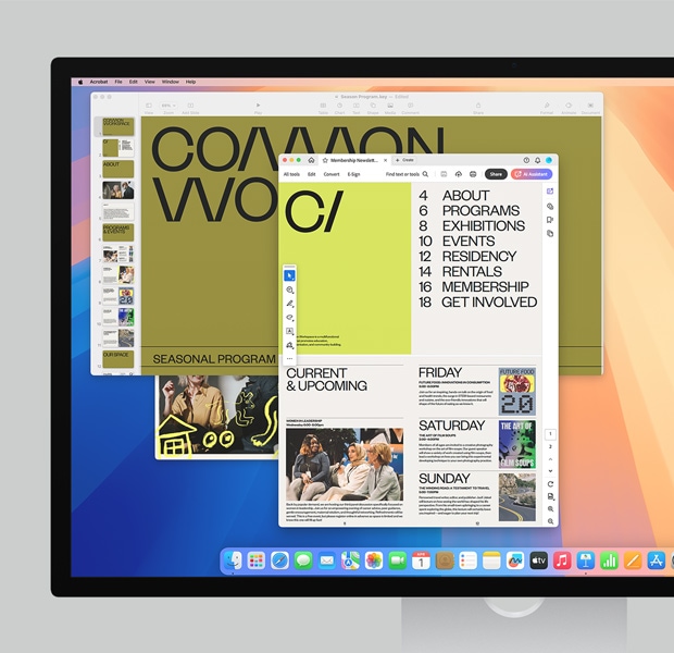 Színes képerny? a kül?nféle appok ikonjával teli Dockkal, valamint a megnyitott Safari és Adobe Acrobat alkalmazással.