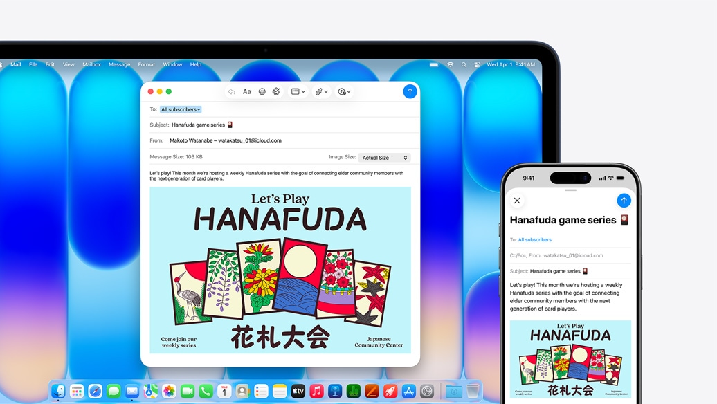 MacBook Neo indigószínben, mellette egy iPhone, mindkét eszk?z?n ugyanaz az e-mail jelenik meg, amely egy k?z?sségi k?zpontban tartott rendezvényt hirdet.