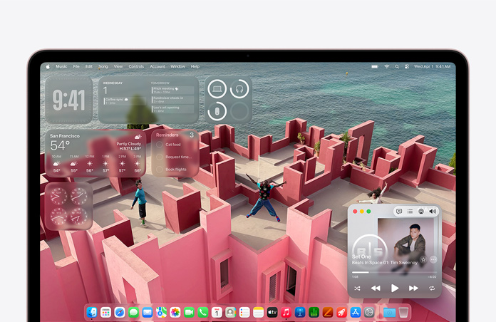 Egy MacBook Neo egyénileg kialakított háttérképén egy tengerparti épület tet?teraszáról készült kép, az asztalon kül?nféle widgetek, k?ztük a Zene, a Naptár, az Id?járás és az Emlékeztet?k.