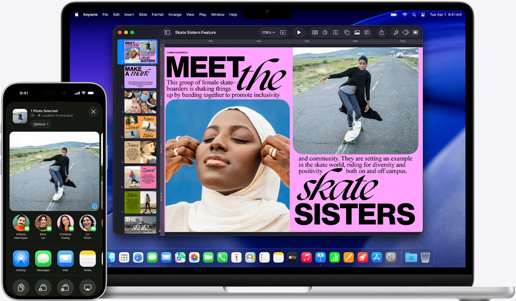 iPhone 16 Plus megnyitott Fotók appal, 13 hüvelykes MacBook Air megnyitott Keynote-diasorral, az iPhone-on lév? fotó jelenik meg a dián
