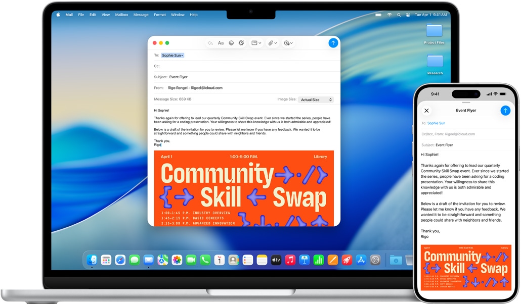 iPhone 16 Plus és 13 hüvelykes MacBook Air, a Mail app van megnyitva, ugyanaz az e-mail-vázlat látható mindkét kijelz?n