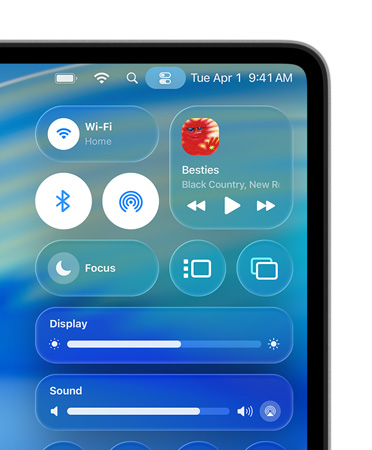 Egy Mac kijelz?jének jobb oldalán egyedi Liquid Glass-vezérl?k a Vezérl?k?zpontban, például a Wi‑Fi és a Bluetooth