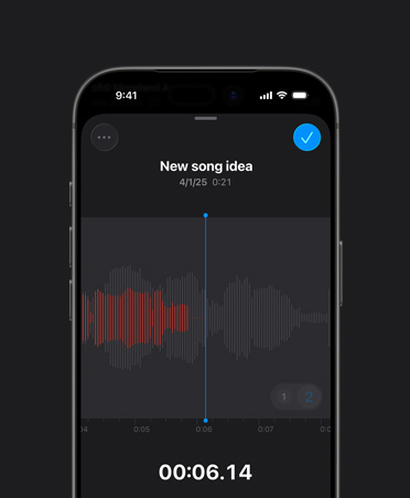 iPhone 16の畫(huà)面、Logic Proのボイスメモ、録音を示す赤い部分、音の波形、再生ボタン、「New song idea」、日付、再生時(shí)間
