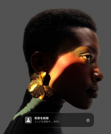人物の橫顔の畫(huà)像と「Background Removal」ツールが表示されたPixelmator Proのインターフェイス