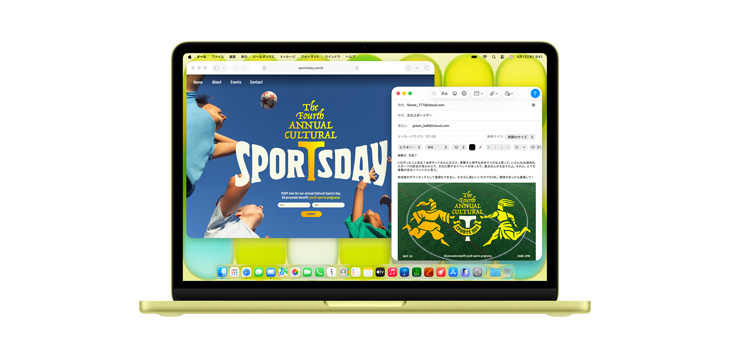 MacBook Neo上でSafariやメールなどの複數(shù)のアプリが開かれ、「The fourth annual cultural sports day」と書かれたフライヤーが表示されている