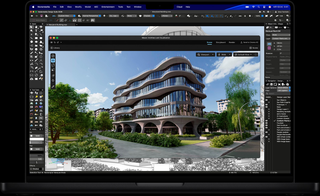 MacBook Proの畫面にVectorworks Design SuiteでMaxon Redshiftを使用する様子が表示されている