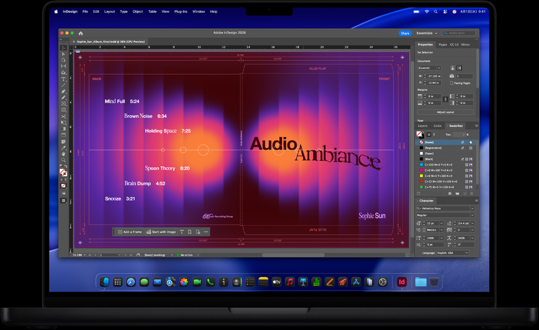 MacBook Proの畫面に、Adobe InDesignを使ってレコード盤のジャケットを作る様子が表示されている
