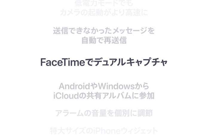 縦に並んだ機能のリスト。中央に「FaceTimeでデュアルキャプチャ」が太字で表示されている。上下に配置されたほかの機能は背景に溶け込んでいる
