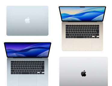 モデル、サイズ、カラーの異なる4臺のMacコンピュータ。カスタマイズの幅広さを示している