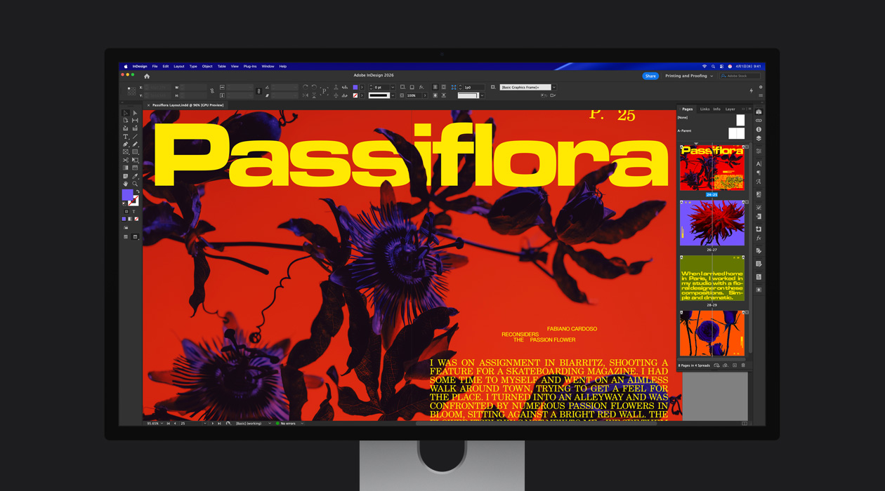 Adobe InDesign 2026のファイルが開いており、あざやかな雑誌の特集ページが表示されている。P3とAdobe RGBの色空間の幅広さを示している