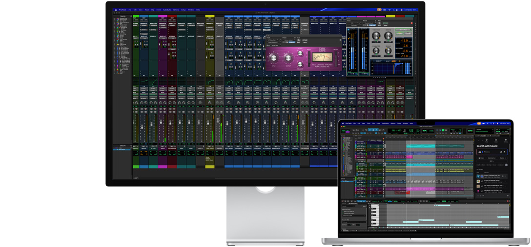 Studio DisplayとMacノートブック。Spliceが統(tǒng)合されたPro Toolsのセッションが映し出されている。Nano-textureガラスにより映り込みが軽減されている、ダークトーンのプログラム畫面
