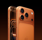 iPhone 17 Pro, color naranja cósmico, parte posterior en ángulo, sistema de cámaras Pro Fusion en el módulo superior, botón de Control de la Cámara, parte lateral del frente, dise?o todo pantalla, Botón de Acción y botones de volumen