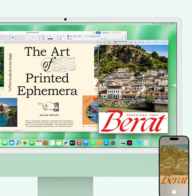 Za?? iMac un iPhone sānu pie sāna. Ar iPhone skenēts dokuments parādās iMac ekrānā