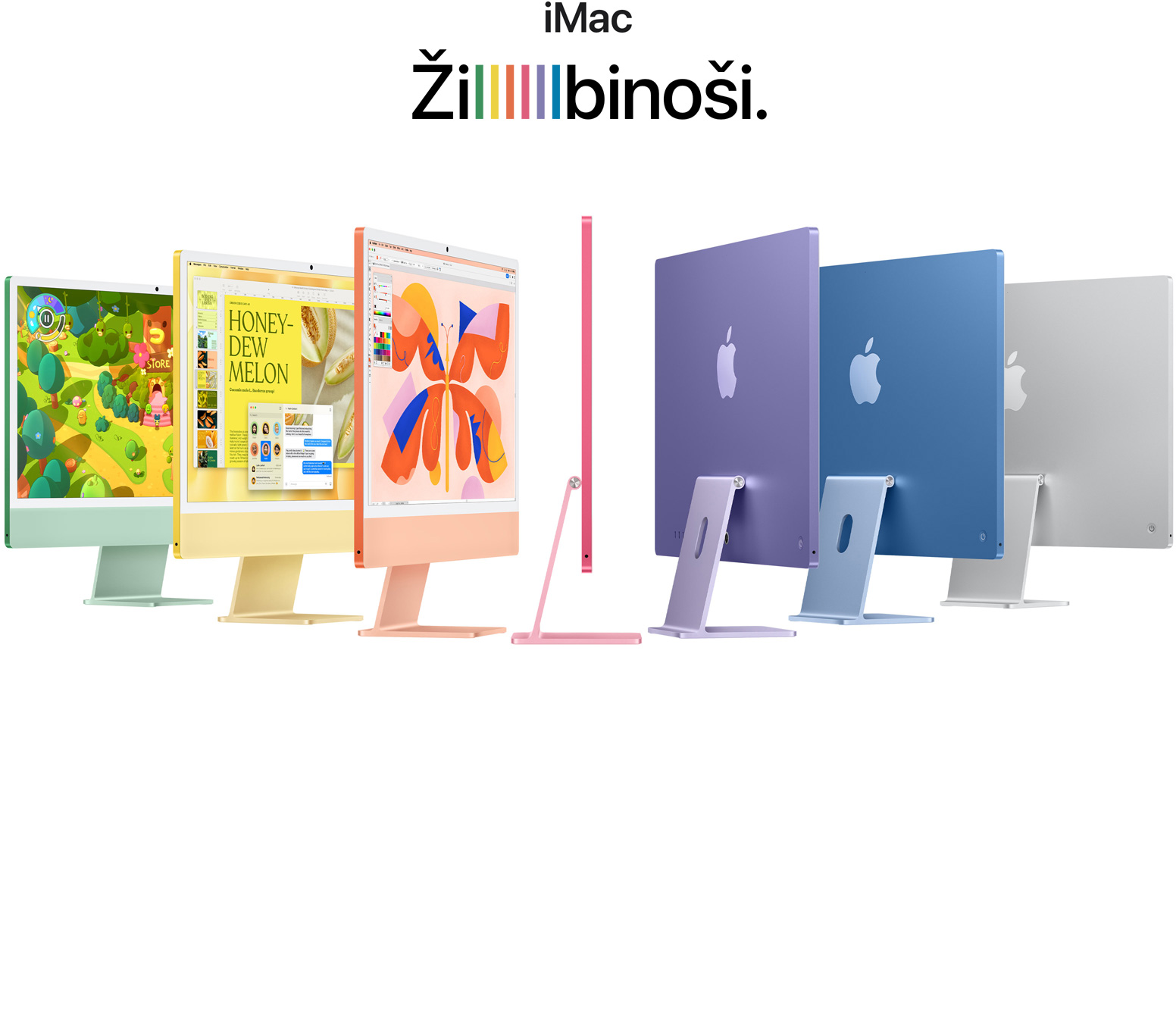 7 iMac da?ādās krāsās (za?ā, dzeltenā, oran?ā, rozā, violetā, zilā, sudraba) akordeona izkārtojumā.